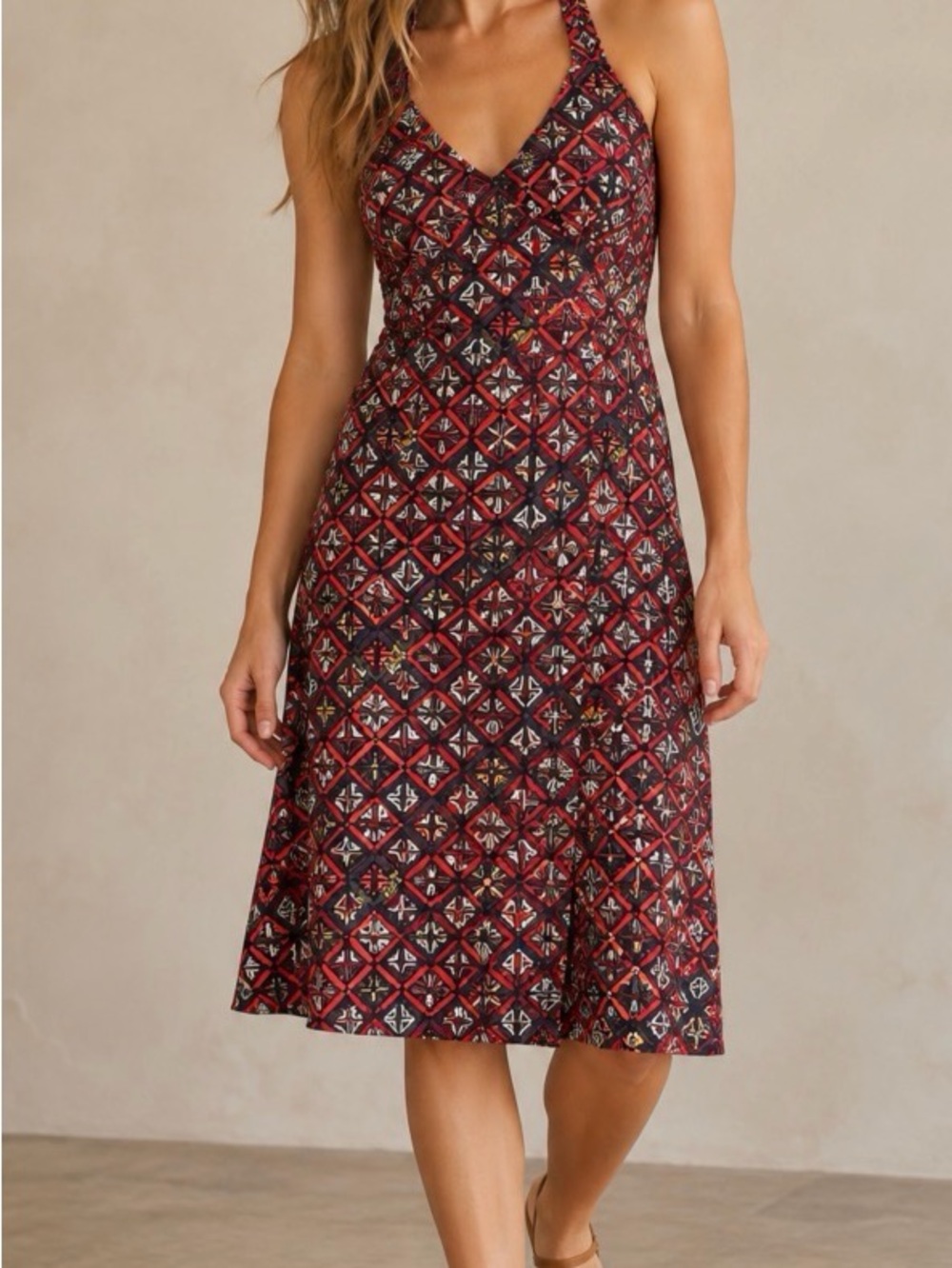 Krimsom Klover Red and Black Patterned Halter Dress
